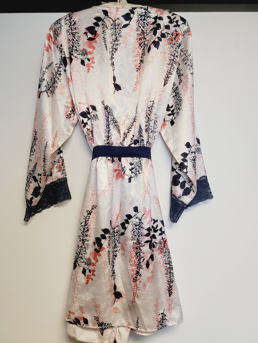 Oscar de la Renta Pink Label Floral Satin Kimono Robe Navy Intimate Sleepwear XL - Picture 9 of 10